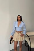 CROP POPLİN GÖMLEK YAKA KENAR DANTEL DETAYLI - Bebe Mavi resmi